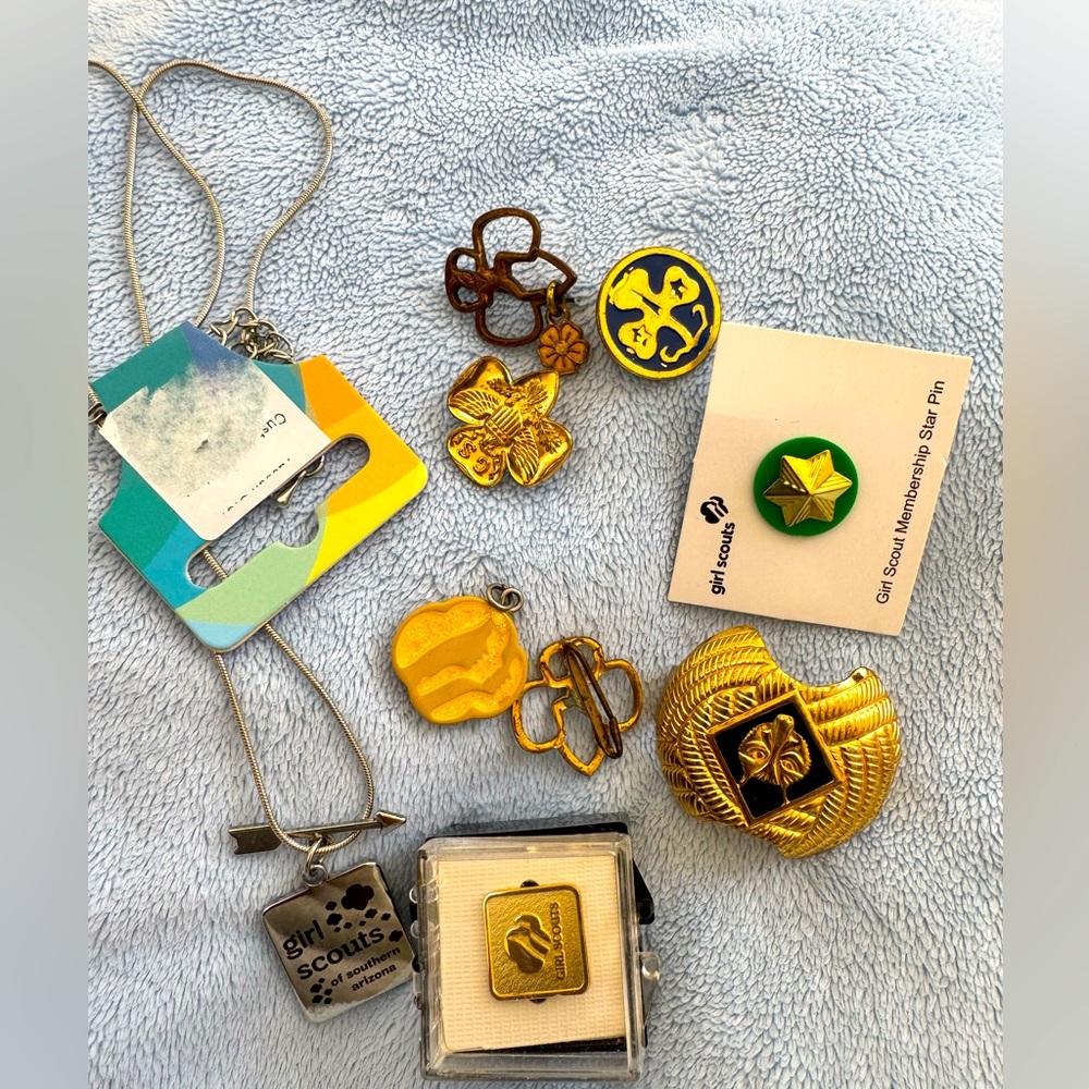 Girl Scouts and Boy Scout Pin Lot Various and necklace some vintage others NWT